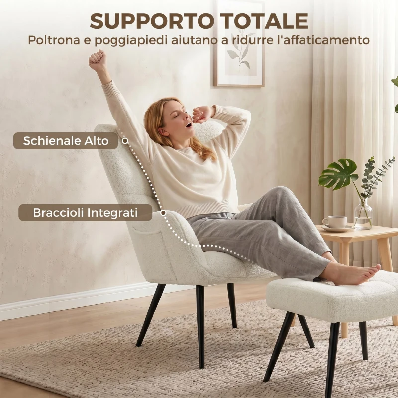 HOMCOM Poltrona con Poggiapiedi in Tessuto Teddy con Schienale Alto Trapuntato, Tasche Laterali, Beige