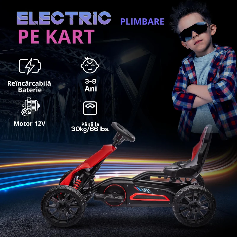 HOMCOM Kart mașină electrică pentru copii 12V, 3-8 ani, viteză 3-5 km/h și centură de siguranță, 100x58x58,5cm, roșu