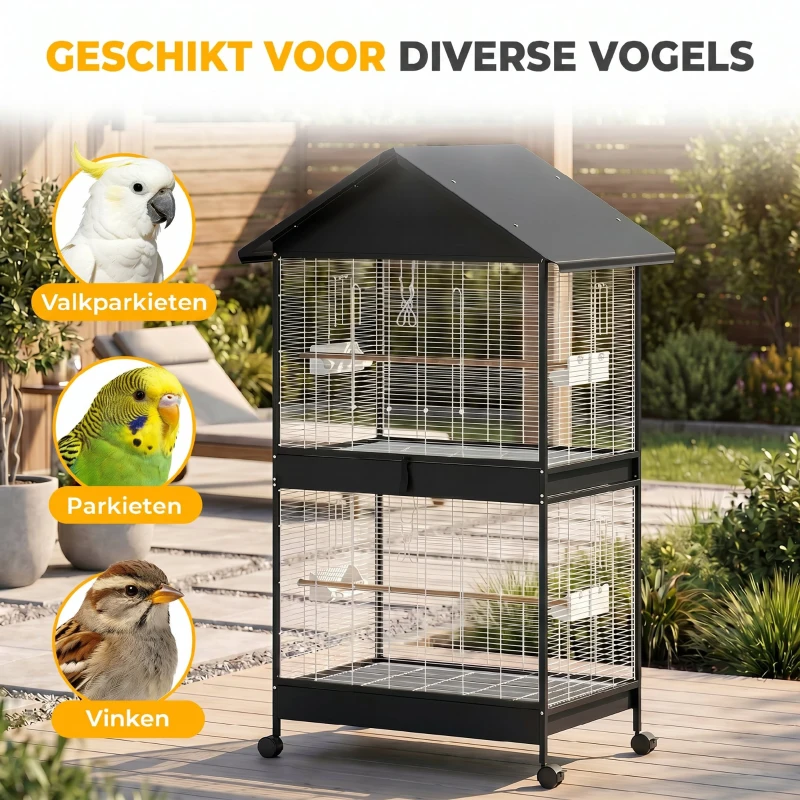 PawHut Grote vogelvolière met uitneembare scheidingswand, 2 deuren, 4 houten zitstokken, wielen, 2 lades en 6 voerbakjes, XXL