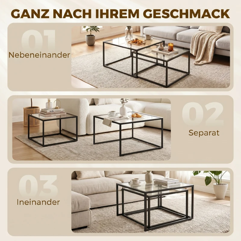 HOMCOM Couchtische 2er-Set Satztisch mit gehärteter Glasplatte und Metallrahmen, für Wohnzimmer Schwarz