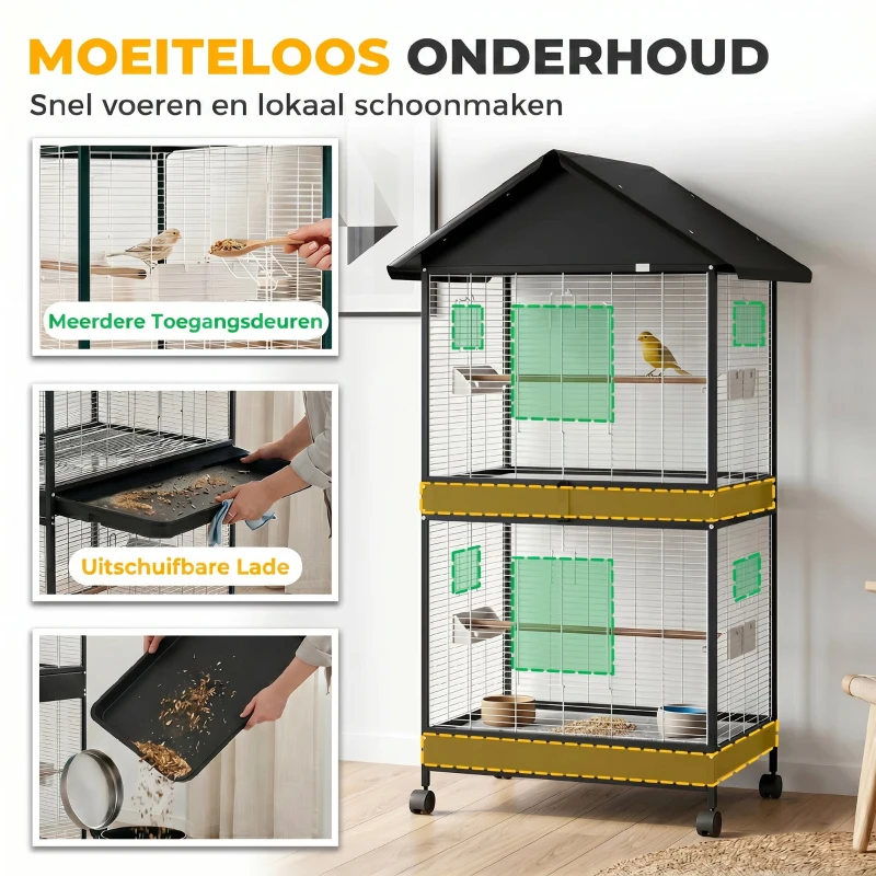 PawHut Grote vogelvolière met uitneembare scheidingswand, 2 deuren, 4 houten zitstokken, wielen, 2 lades en 6 voerbakjes, XXL