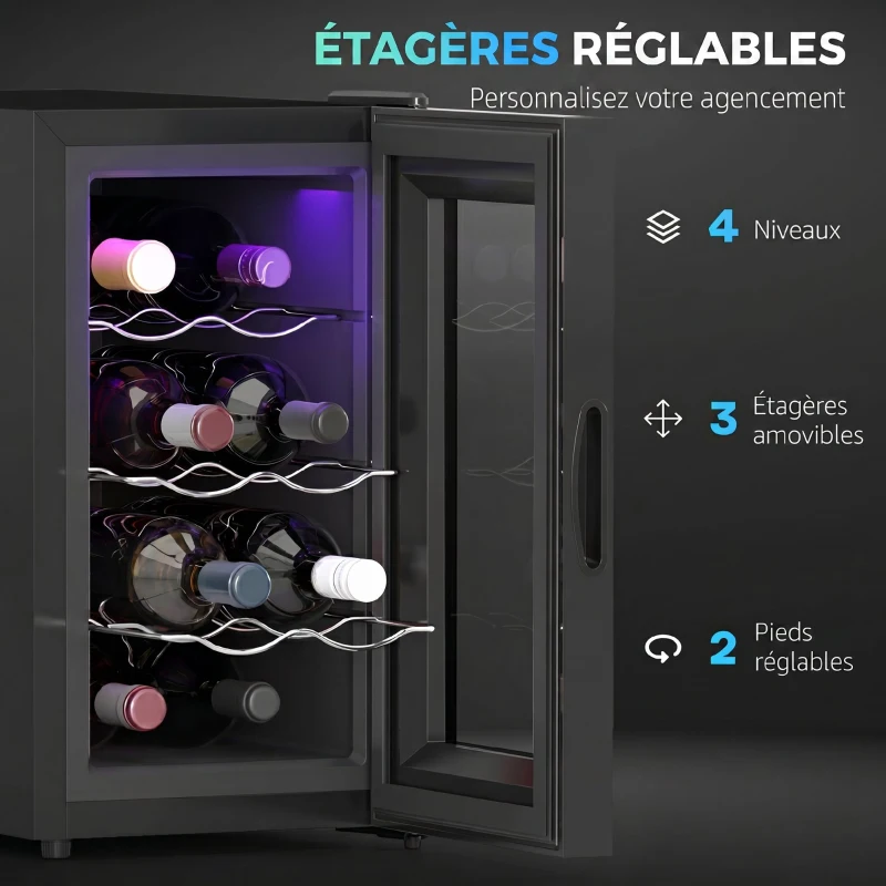 HOMCOM Cave à vin 8 bouteilles 21L, réfrigérateur à vin et boissons avec température réglable 8-18°C, porte en verre, noir