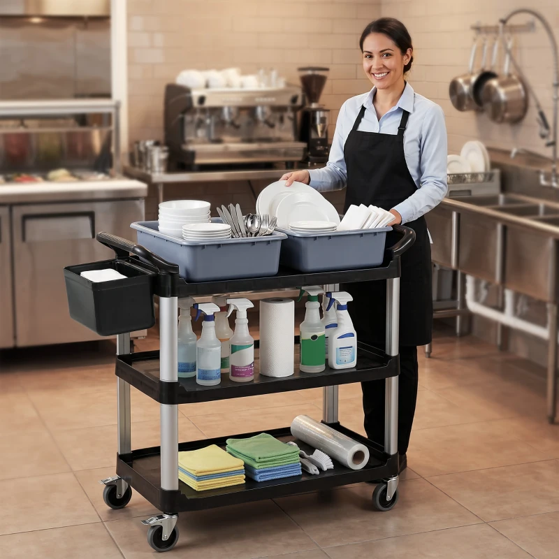 HOMCOM Carro de Limpieza con Ruedas con 3 Estantes 2 Contenedores y Cubo Lateral Colgante Carga 100 kg Negro