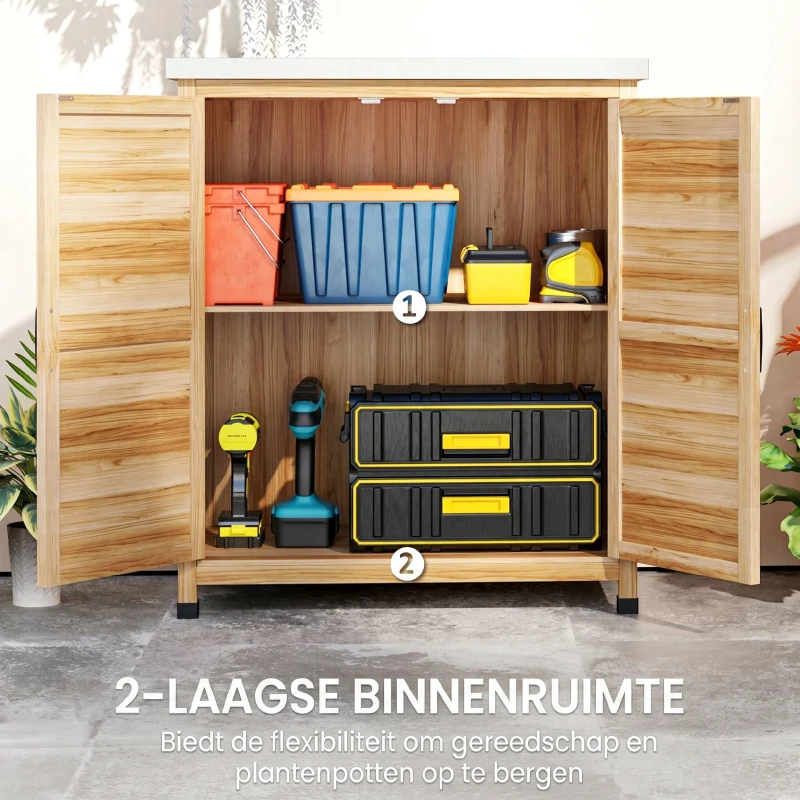 Outsunny tuinkast met interne plank en werkblad, van vurenhout en gegalvaniseerd staal, 79x43x92 cm, houtkleur