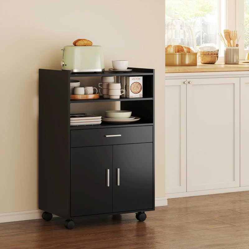HOMCOM Chariot de cuisine sur roulettes, desserte micro-onde à roulettes avec placard tiroir étagères, 59 x 40 x 92 cm, noir
