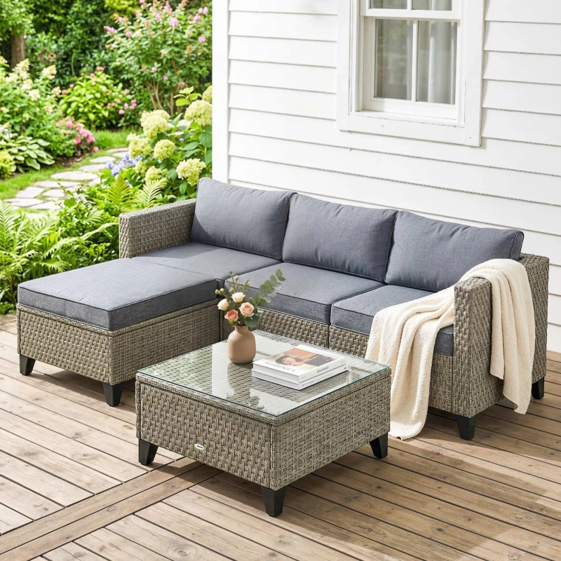 Outsunny 5-Piece Rattan Patio Furniture Set with Corner Sofa, Footstools, Coffee Table, for Poolside, Dark Grey