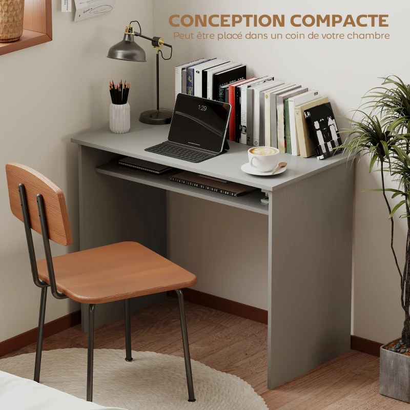 HOMCOM Bureau informatique sobre épuré compact avec 1 étagère, panneaux de particules, dim. 90l x 50P x 74H cm, gris