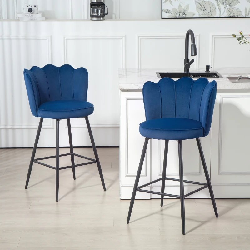 HOMCOM Set of Two Velvet-Feel Lotus Bar Stools - Dark Blue