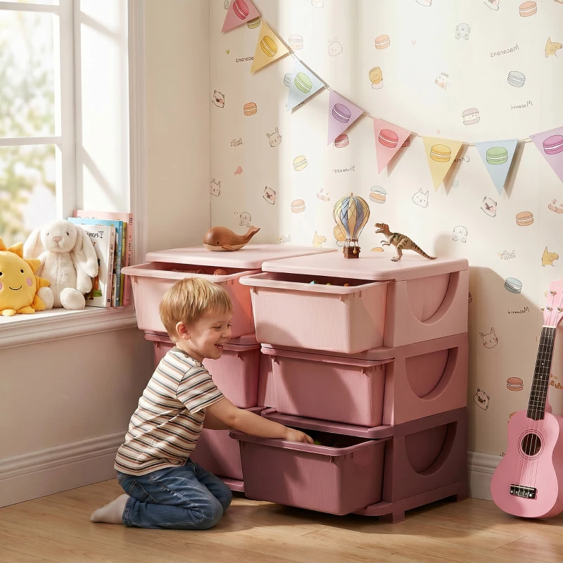 HOMCOM Cassettiera 6 Cassetti per Bambini 3-6 Anni con Bordi Arrotondati, in PP Rosa, 75x37x56.5 cm
