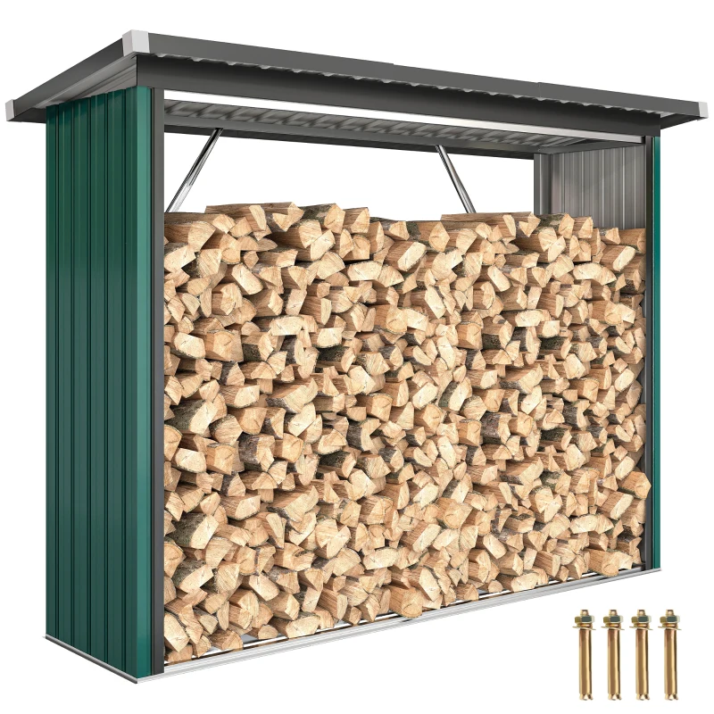 Outsunny Abri-bûches Couvert Support pour Bois de Chauffage Plancher Surélevé Toit Incliné, Acier Galvanisé 213x66,5x150cm Vert