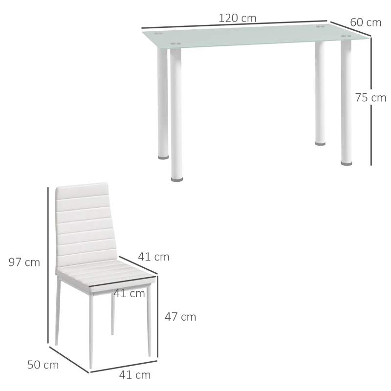 HOMCOM Ensemble de table à manger avec 4 chaises plateau en verre trempé, pieds en acier, pour cuisine salon blanc