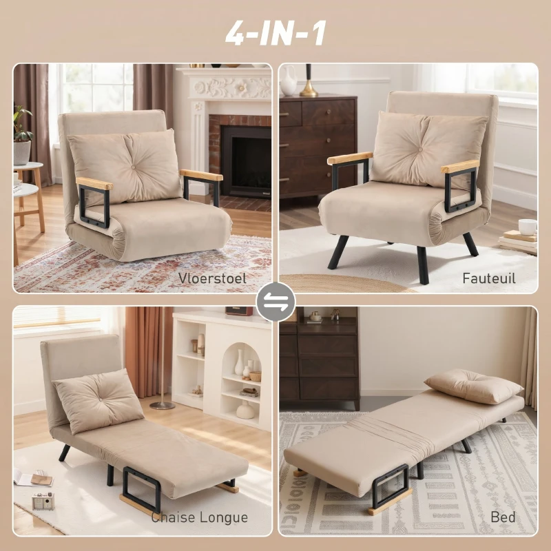 HOMCOM Relaxstoel Ligstoel Fluweelstoel, Ligfunctie, Fluweeloptiek, 63 cm x 73 cm x 81 cm, Beige(m-4)