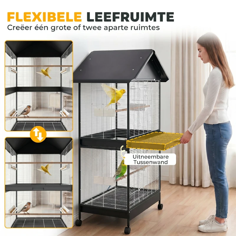 PawHut Grote vogelvolière met uitneembare scheidingswand, 2 deuren, 4 houten zitstokken, wielen, 2 lades en 6 voerbakjes, XXL