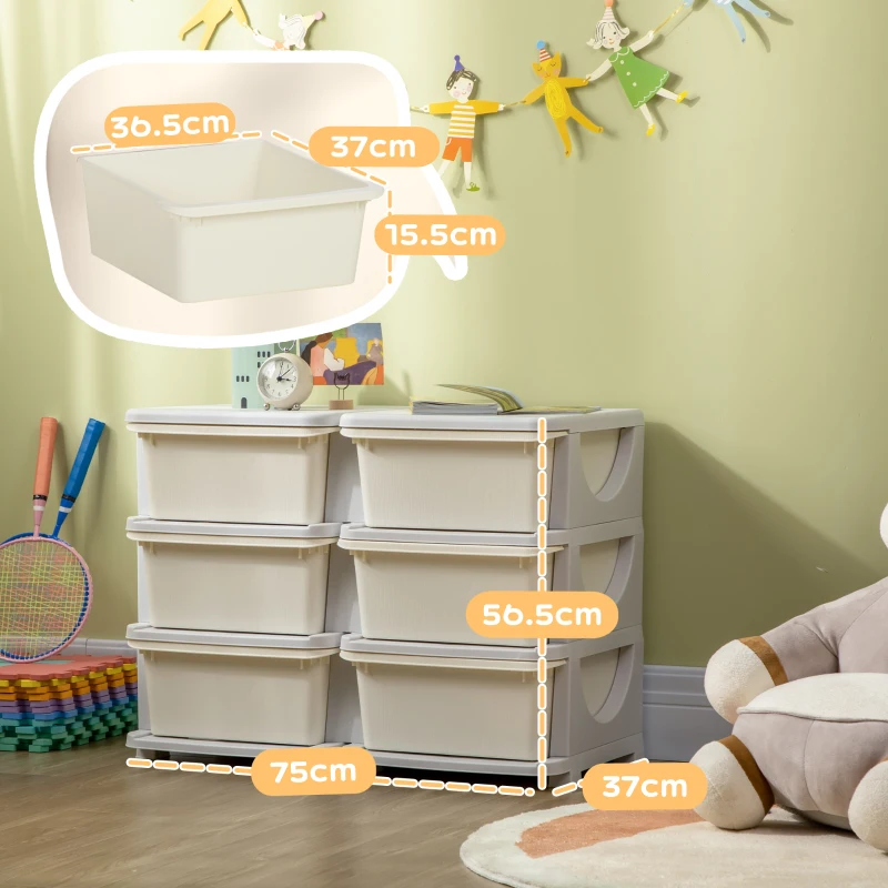 HOMCOM Comodă cu 6 sertare pentru copii de 3-6 ani, cu margini rotunjite, din PP crem, 75x37x56.5 cm