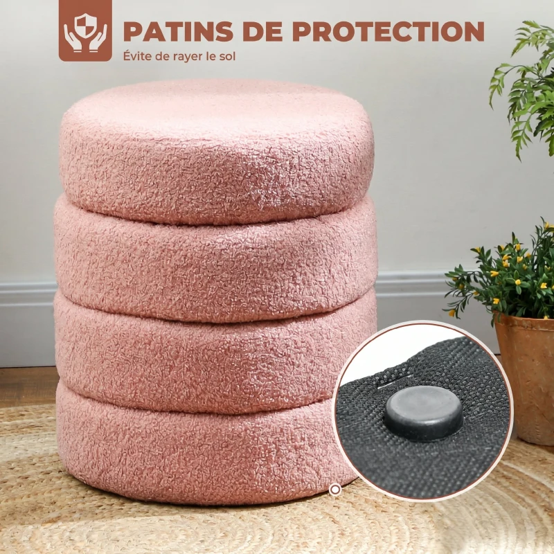 HOMCOM Repose pied salon, tabouret ottoman rond rembourré en peluche Teddy, pour chambre à coucher, entrée, Ø 40 x 45 cm, rose