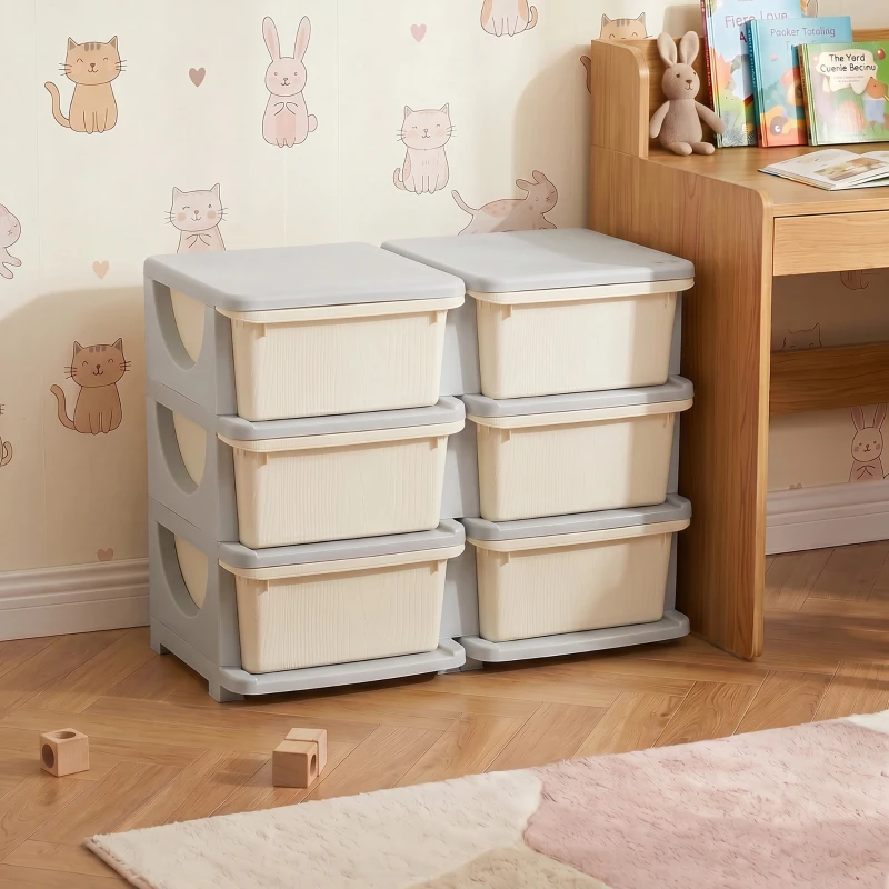 HOMCOM Comodă cu 6 sertare pentru copii de 3-6 ani, cu margini rotunjite, din PP crem, 75x37x56.5 cm
