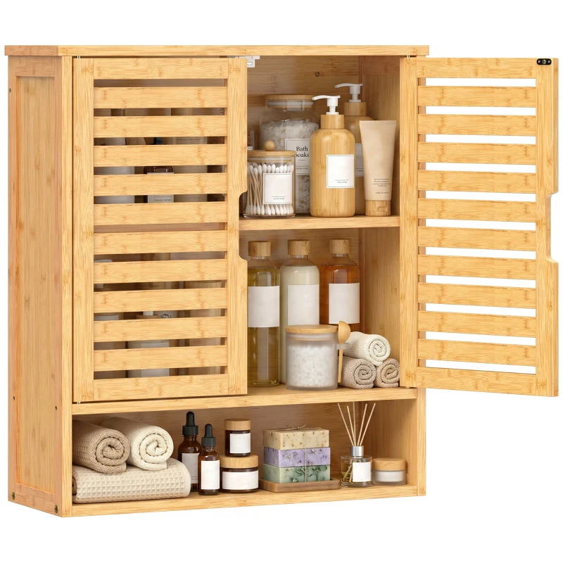 HOMCOM Bathroom Wall Cabinet, Wall Mounted Bathroom Cabinet with 2 Louvered Doors, Open Shelf and Adjustable Shelf Storage