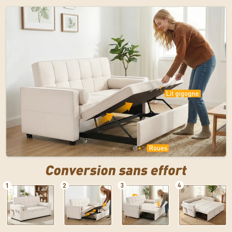 HOMCOM Canapé convertible 2 places 3 en 1 canapé-lit avec lit gigogne double dossier réglable 2 coussins 80,5x137,5x84cm beige