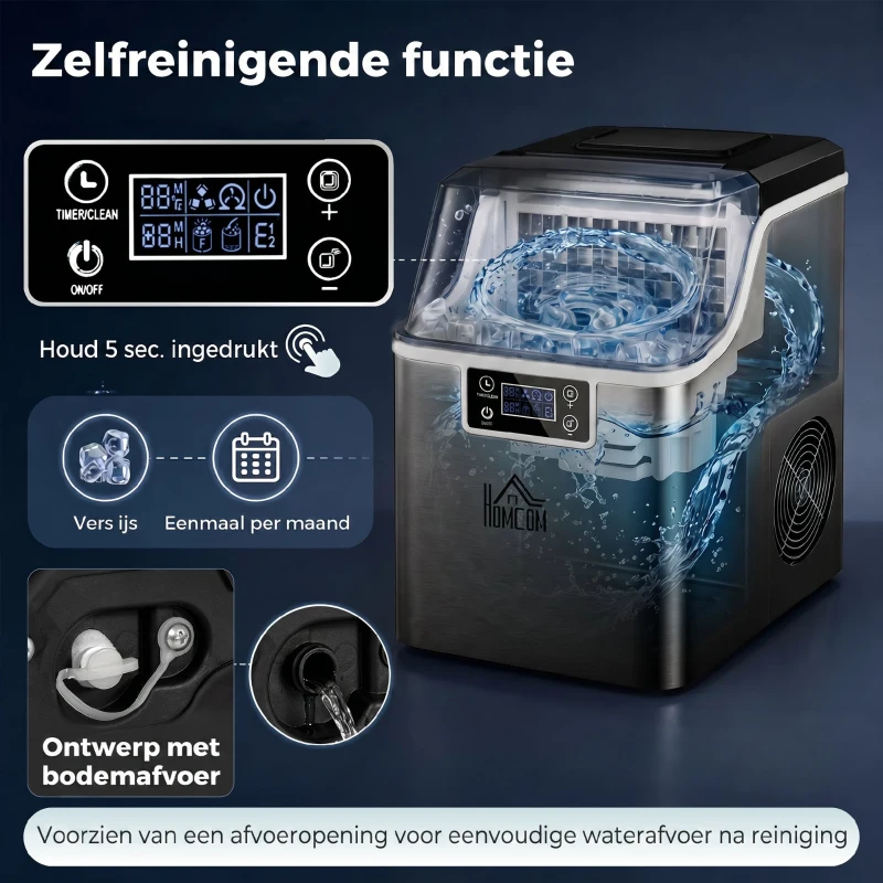 HOMCOM Eisblokjesmachine IJsblokjesdispenser Ice-Maker 20kg/24u 2,3L IJsbereider met 3,2L Watertank, Zwart