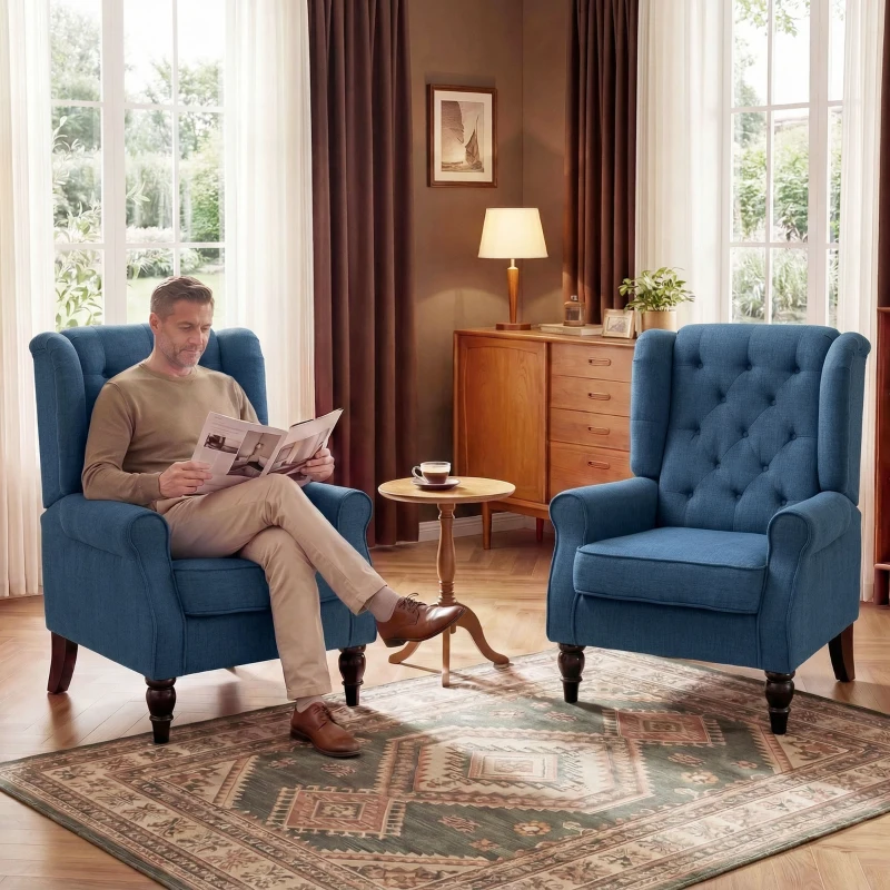 HOMCOM Fauteuil de Salon, Fauteuil Capitonné avec Pieds en Bois, Assise Large, Grand Confort, Classique, 74x86x102cm, Bleu(m-9)