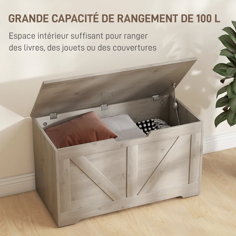 HOMCOM Coffre de rangement, banc de rangement avec couvercle rabattable et charnières de sécurité, 80 x 40 x 45 cm, gris