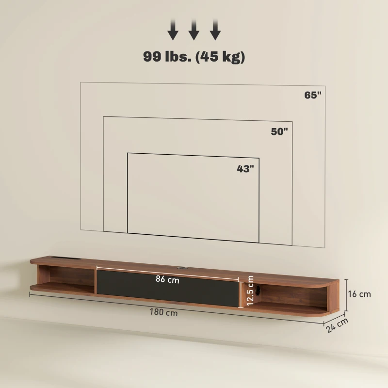 HOMCOM Corp TV suspendat, suport TV pentru televizoare până la 190,5 cm, sertar rabatabil, 2 rafturi, 180x24x16cm, Nuc