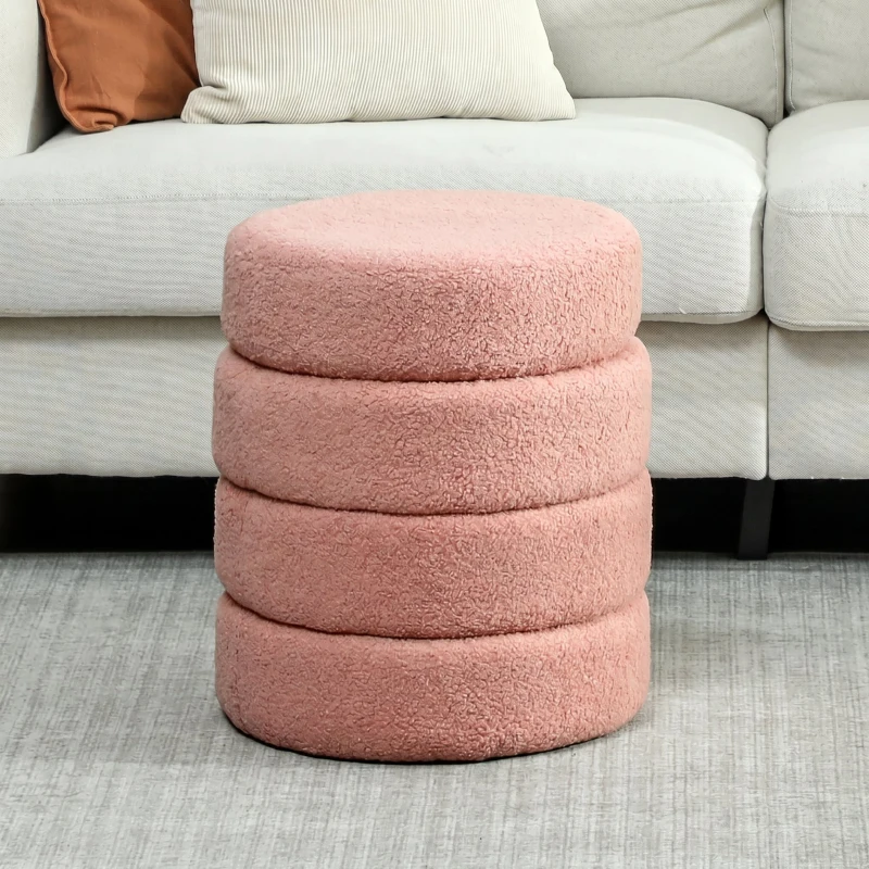 HOMCOM Repose pied salon, tabouret ottoman rond rembourré en peluche Teddy, pour chambre à coucher, entrée, Ø 40 x 45 cm, rose