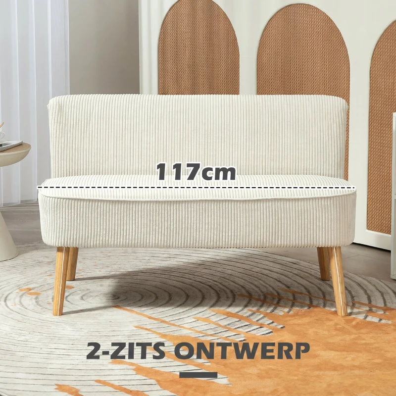 HOMCOM Tweezitsbank, Zachte Bekleding, Onderhoudsvriendelijk, Tot 150 kg Belastbaar, 117 x 56,5 x 77 cm, Crème Wit(m-6)