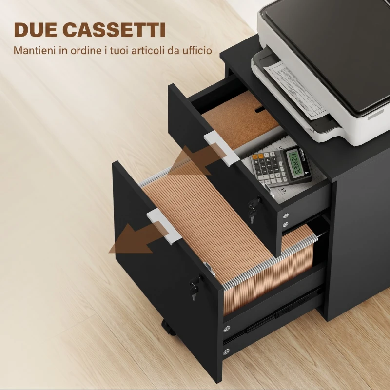 HOMCOM Schedario da Ufficio con 2 Cassetti, Serratura, Ruote a Freno, per Formato A4/Legale, 42x40x60 cm, Nero