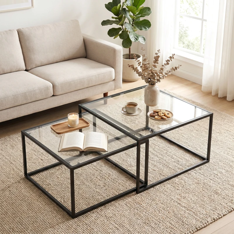 HOMCOM Couchtische 2er-Set Satztisch mit gehärteter Glasplatte und Metallrahmen, für Wohnzimmer Schwarz