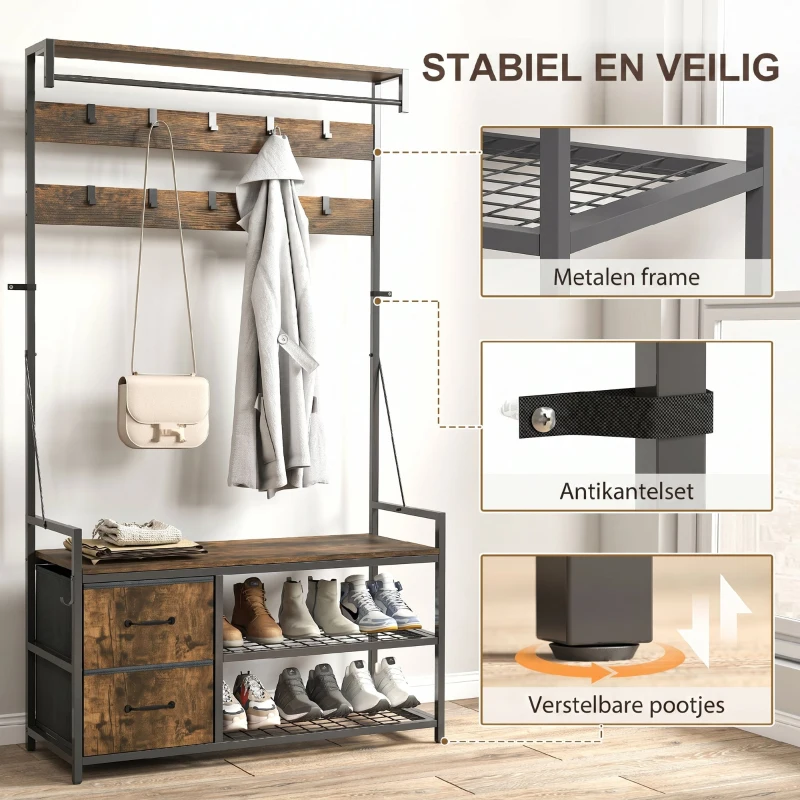 HOMCOM 6-in-1 Kapstok met Schoenenbank en Schoenenrek, Industrieel Ontwerp, 10 Haken, 2 Stoffen Laden, Metaal, Bruin(m-7)