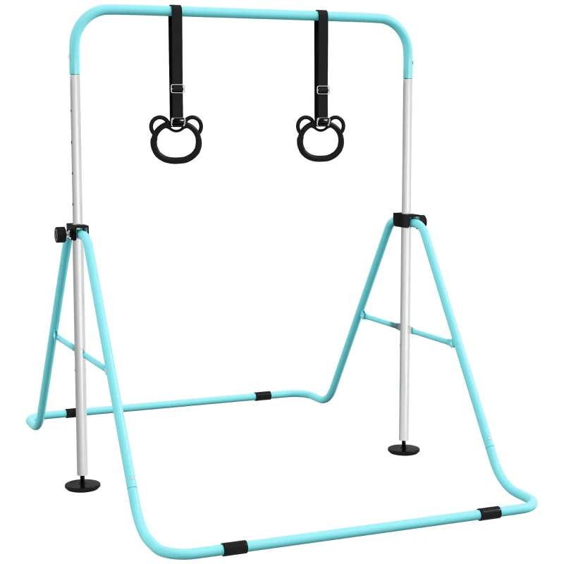 HOMCOM Barre de gymnastique pour enfants, barre horizontale pliable à hauteur réglable avec anneaux de gymnastique, cyan