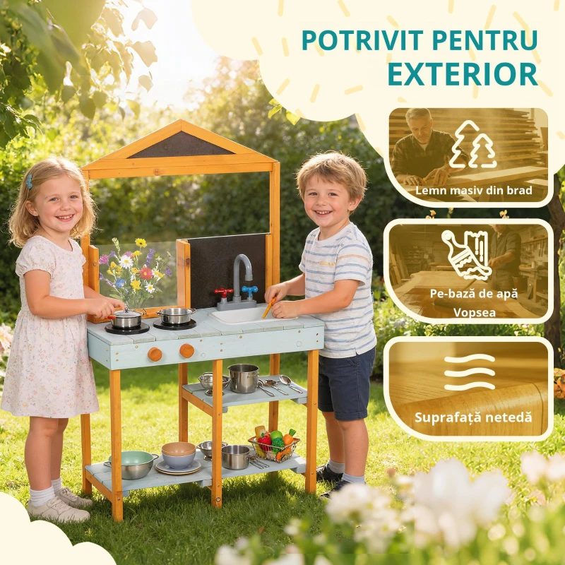 AIYAPLAY Bucătărie de noroi pentru copii, bucătărie de joacă din lemn pentru exterior cu plită, chiuvetă detașabilă, rafturi pentru copii 3-8 ani, Albastru deschis