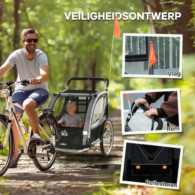 HOMCOM Kinderfietskar/Duwwagen met Remmen, Opvouwbaar, voor 2 Kinderen, Grijs/Zwart(m-7)