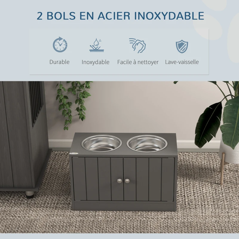 PawHut Gamelles Chiens Surélevées Gamelle Double Chien Chat Porte-Gamelles 2L Acier Inox 60 x 30 x 35,5 cm Gris