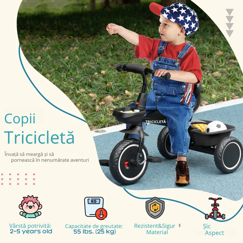 AIYAPLAY Tricicleta pentru copii evolutivă cu șezut reglabil pedale 2 coșuri centură pentru copii de la 2 la 5 ani negru