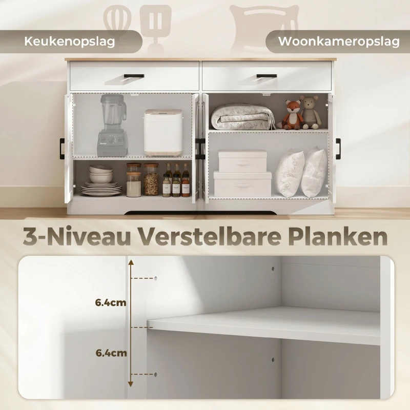 HOMCOM Dressoir Buffetkast, 140 cm Farmhouse Keukenkast met 2 Lades en 2 Kasten, Wit