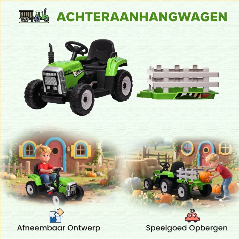 HOMCOM Elektrische kinderauto, kindertractor, inclusief ouderlijke afstandsbediening, maximale snelheid van 6 km/u, groen + zwart(m-4)