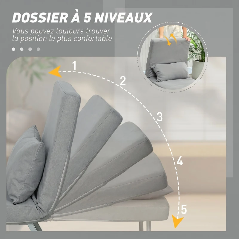 HOMCOM Fauteuil Convertible 1 Place, Fauteuil-Lit Pliable Rembourré en Lin avec Dossier Réglable, Oreiller, Gris Clair