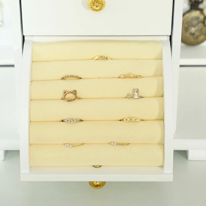 HOMCOM Boîte à Bijoux Femme à 4 Niveaux, Coffre à Bijoux en Bois avec Ailes, Miroir et 2 Tiroirs, 26,5x16 x33,5 cm, Blanc