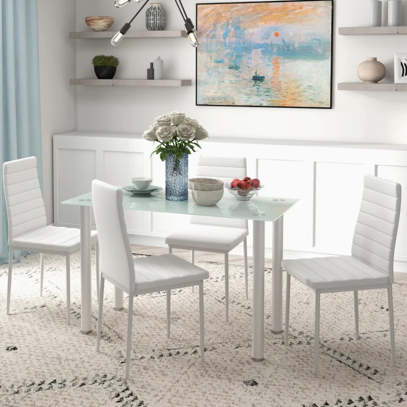 HOMCOM Ensemble de table à manger avec 4 chaises plateau en verre trempé, pieds en acier, pour cuisine salon blanc