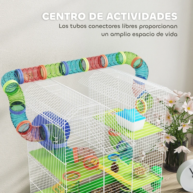 PawHut Jaula para Hámster de 5 Niveles 47x30x59 cm con Túnel Comedero Bebedero Casita Rueda de Ejercicio Escaleras Verde