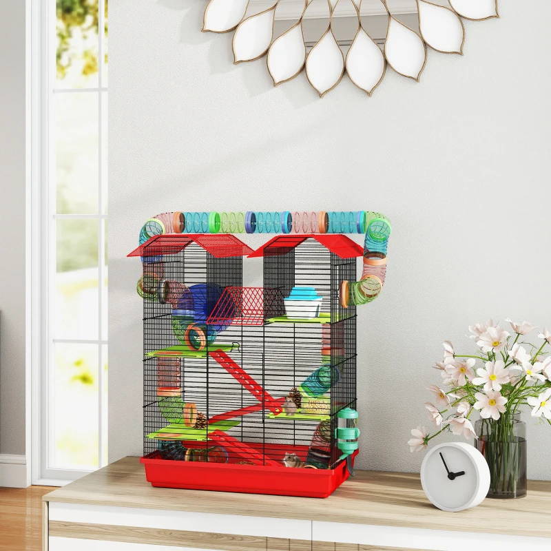 PawHut Jaula para Hámster de 5 Niveles 47x30x59 cm con Túnel Comedero Bebedero Casita Rueda de Ejercicio Escaleras Rojo