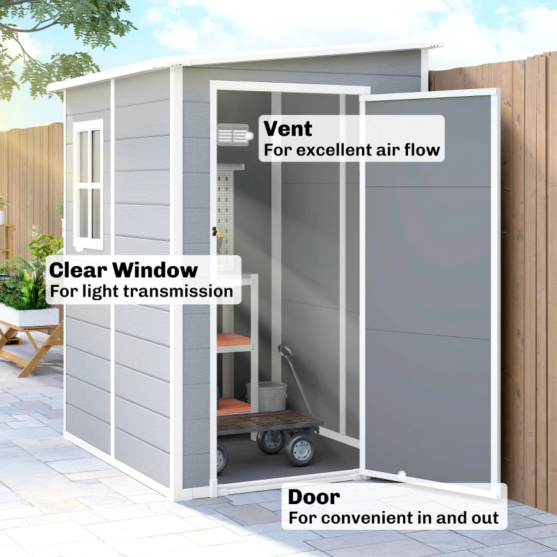 Outsunny 4 x 5FT Plastic Garden Shed with Floor, Lean to Shed, Lockable Tool Storage House with Window, Vent and Plastic Roof, Grey