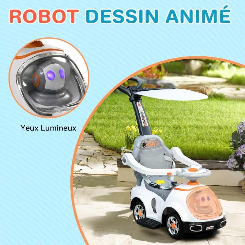 AIYAPLAY Porteur enfants, porteur bébé voiture à pousser 3 en 1 avec robot thème, pédales, poignée parentale, blanc