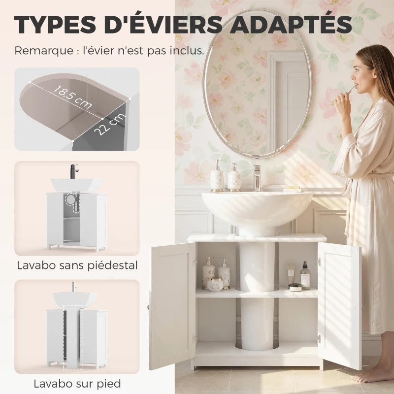 kleankin Meuble salle de bain sous lavabo - meuble sous-vasque - placard 2 portes avec étagère - dim. 60L x 30l x 60H cm - en bois blanc