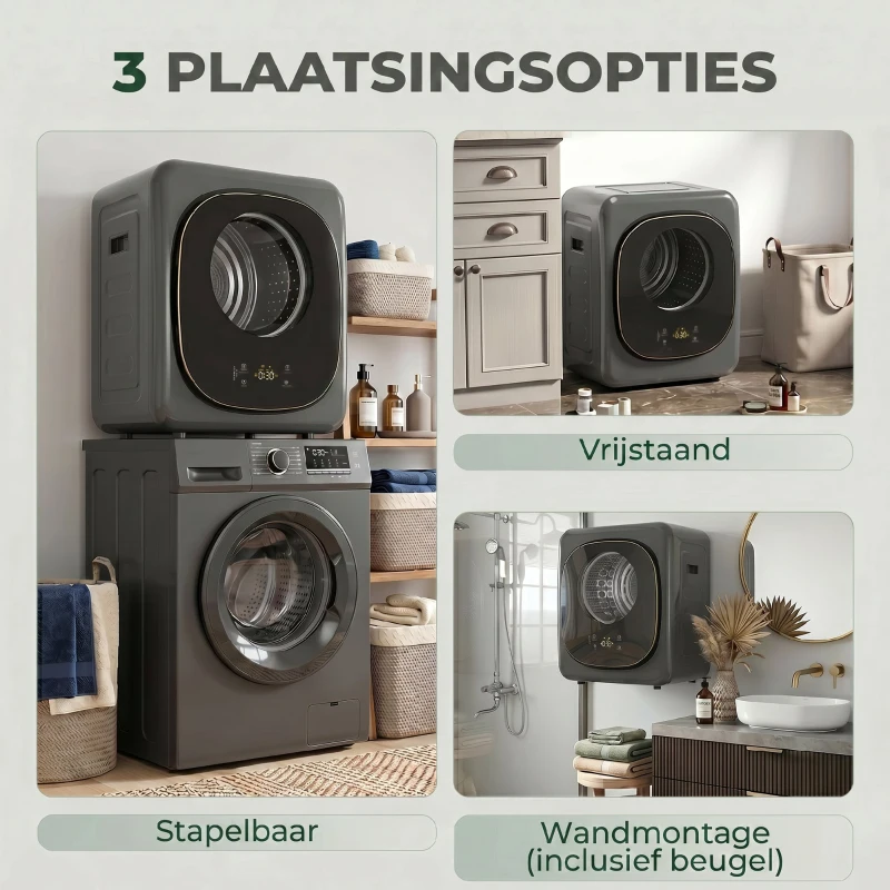 HOMCOM 4 kg Wasdroger, compact ontwerp, 5 modi, timer, Grijs+Zwart