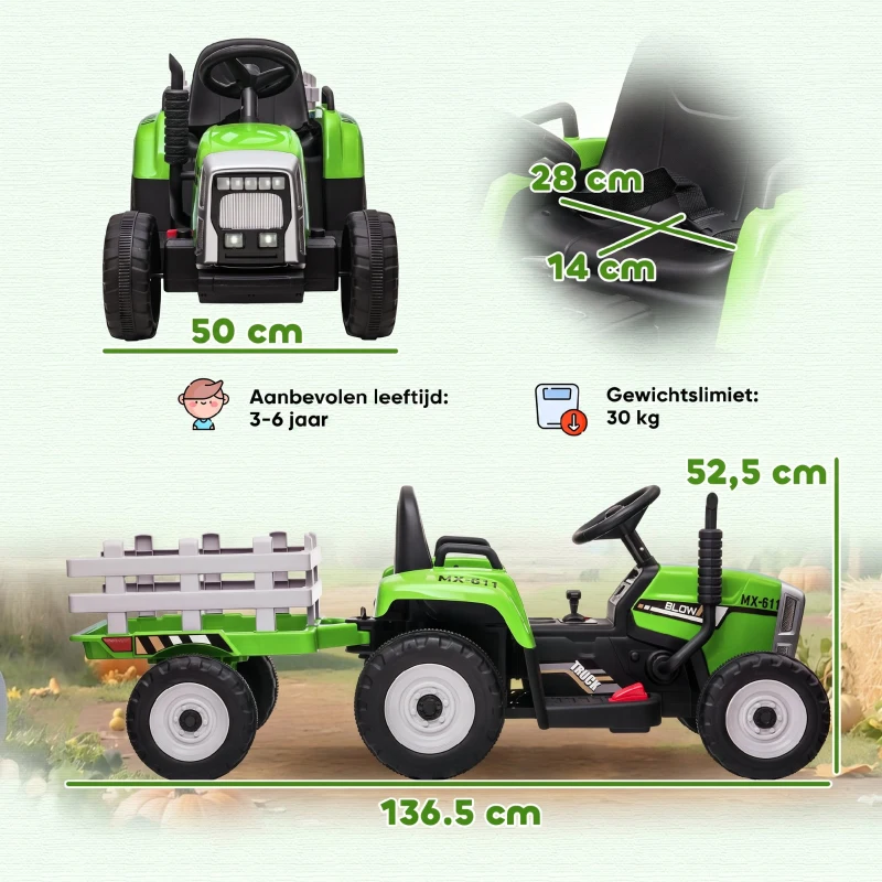 HOMCOM Elektrische kinderauto, kindertractor, inclusief ouderlijke afstandsbediening, maximale snelheid van 6 km/u, groen + zwart(m-3)