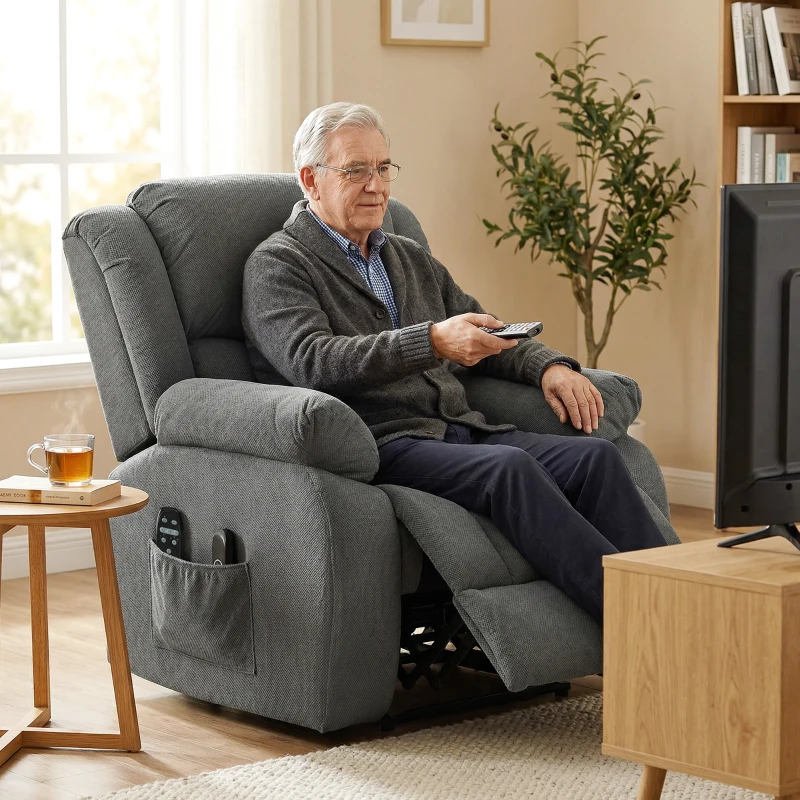 HOMCOM Relaxstoel met Massage- en Warmtefunctie, Elektrische Opsta-Stoel, Afstandsbediening, Zijvakken, Grijs