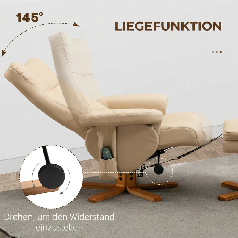 HOMCOM Sillón Relax Reclinable con Reposapiés 10 Puntos de Masaje Giratorio Mando a Distancia Bolsillo Lateral Crema